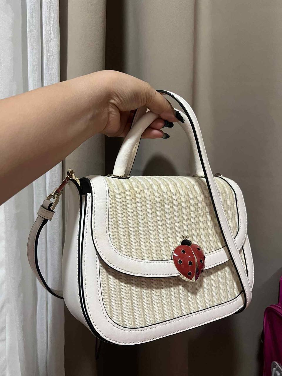 ORIG Preloved Kate Spade KS Puffy Top Handle Ladybug Crossbody White Bag