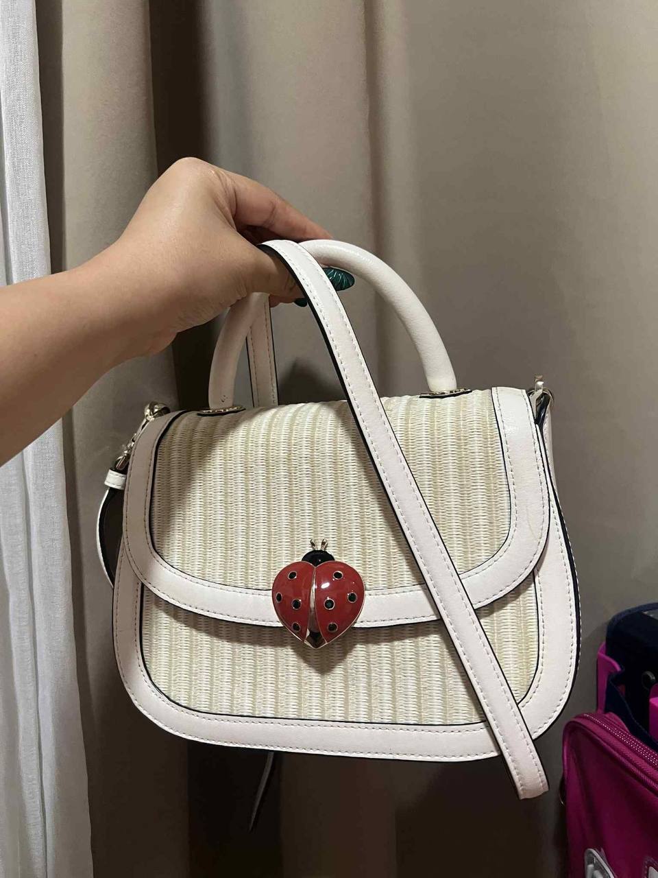 ORIG Preloved Kate Spade KS Puffy Top Handle Ladybug Crossbody White Bag