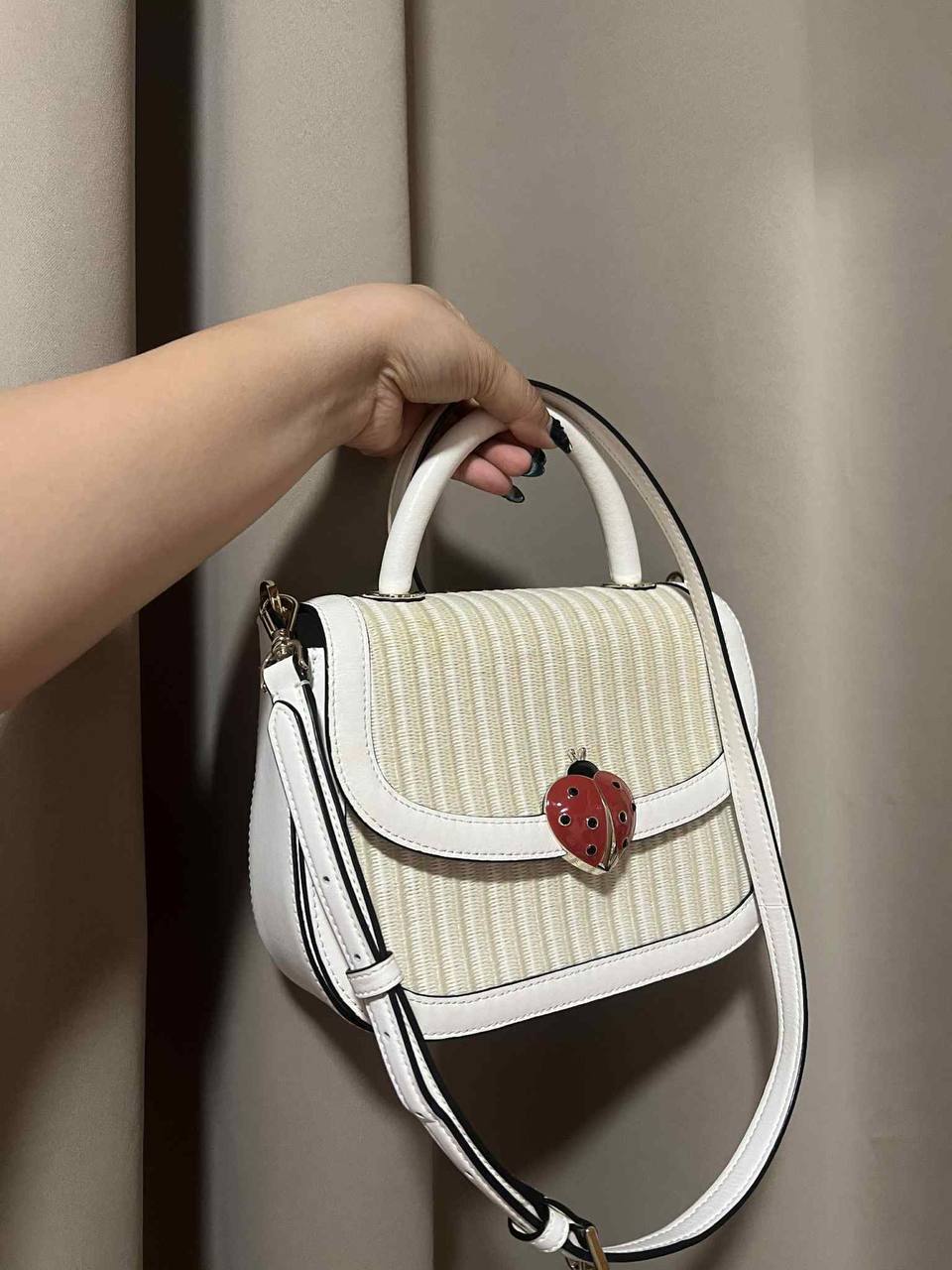 ORIG Preloved Kate Spade KS Puffy Top Handle Ladybug Crossbody White Bag