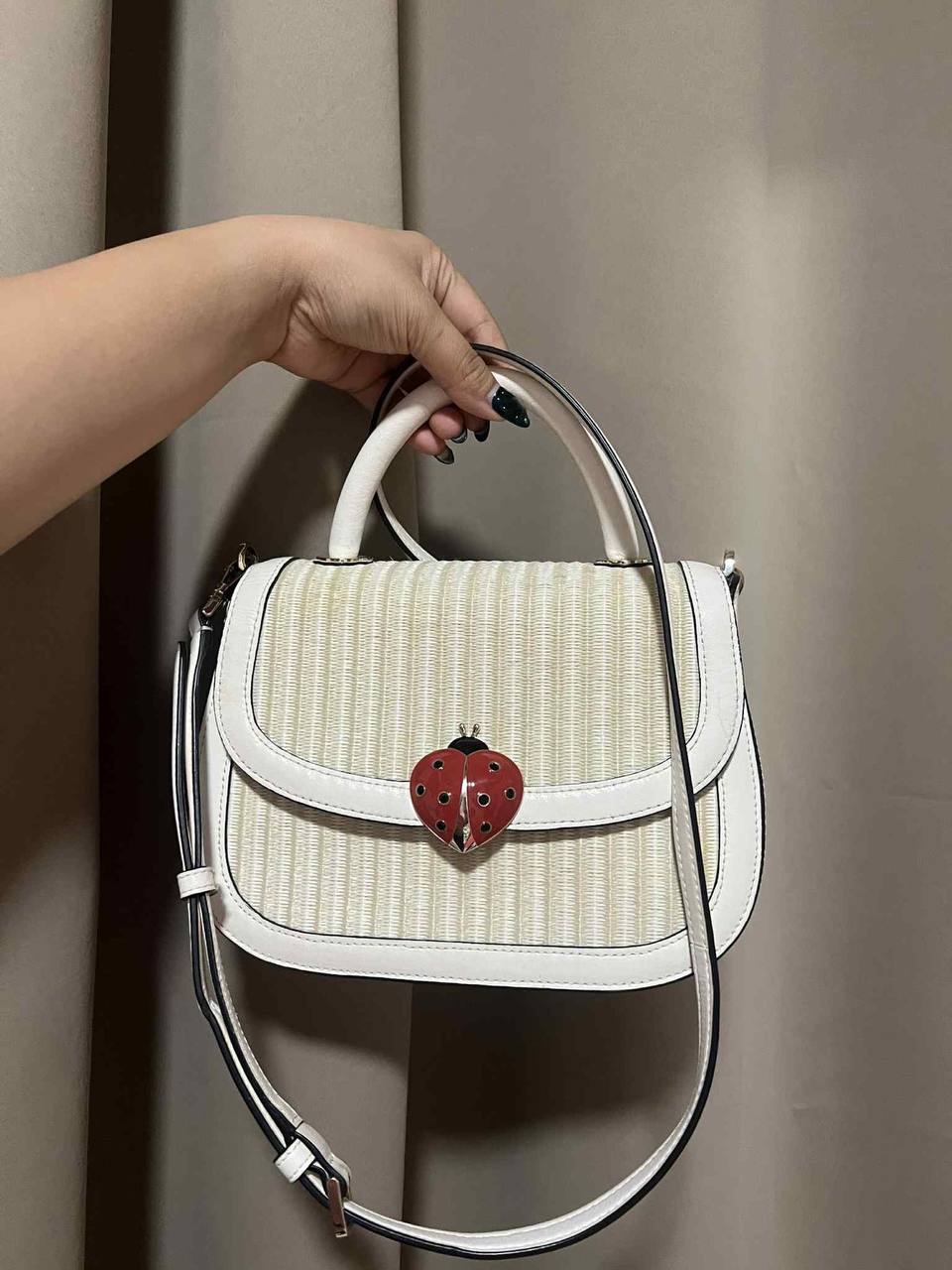 ORIG Preloved Kate Spade KS Puffy Top Handle Ladybug Crossbody White Bag