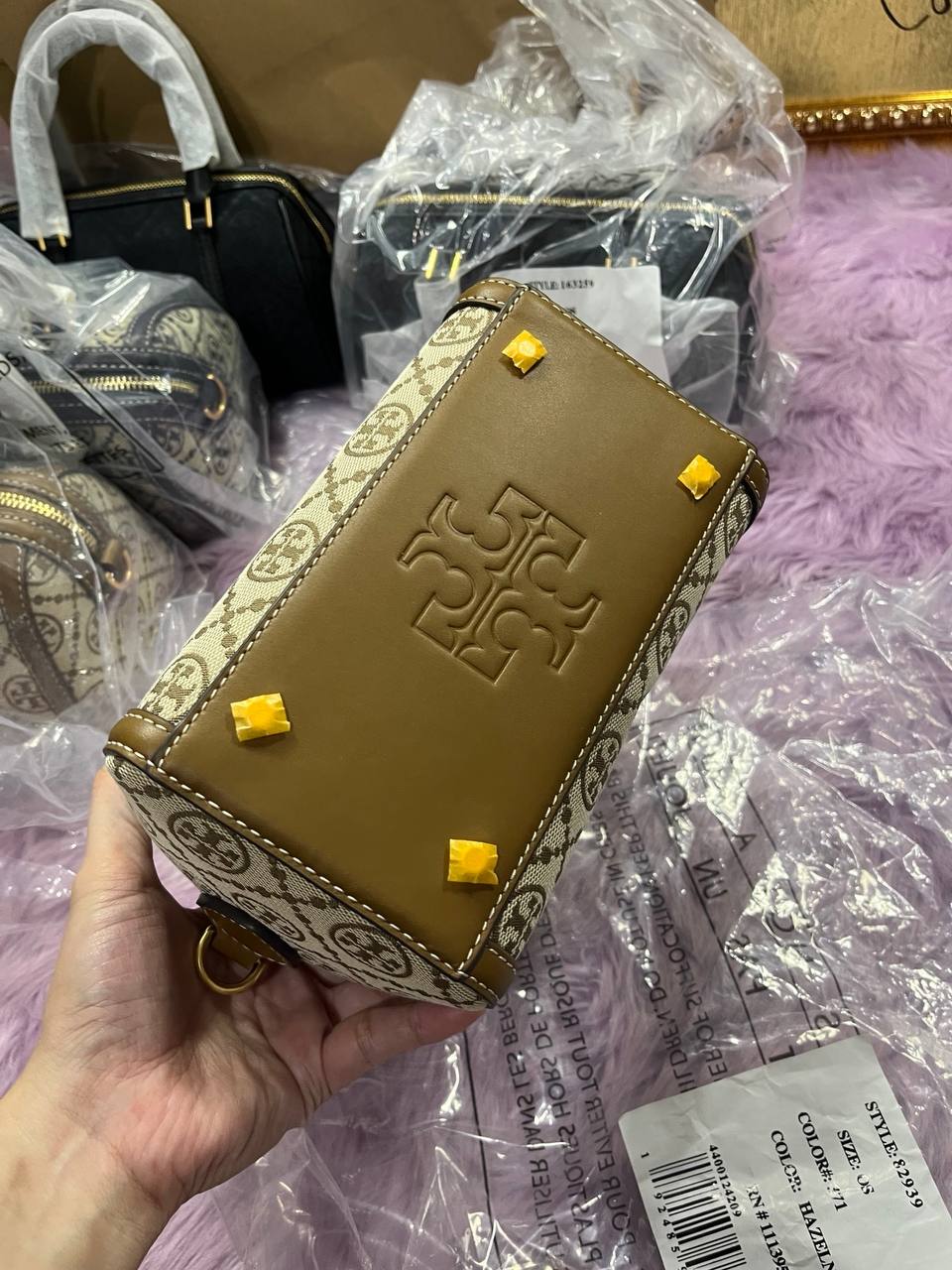 ORIG & IMPORTED Tory Burch T Monogram Mini Barrel Bag Hazelnut Brown