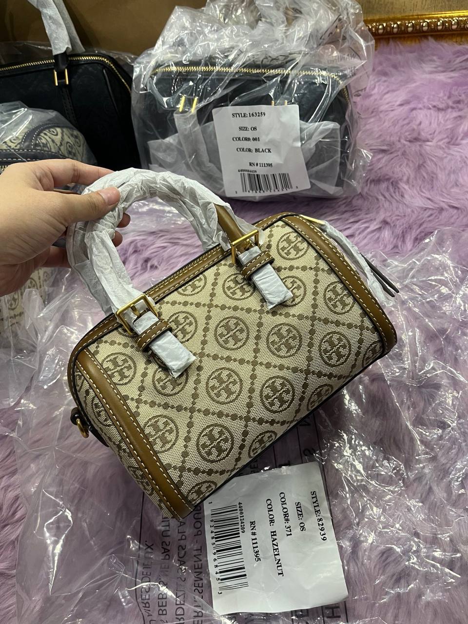ORIG & IMPORTED Tory Burch T Monogram Mini Barrel Bag Hazelnut Brown
