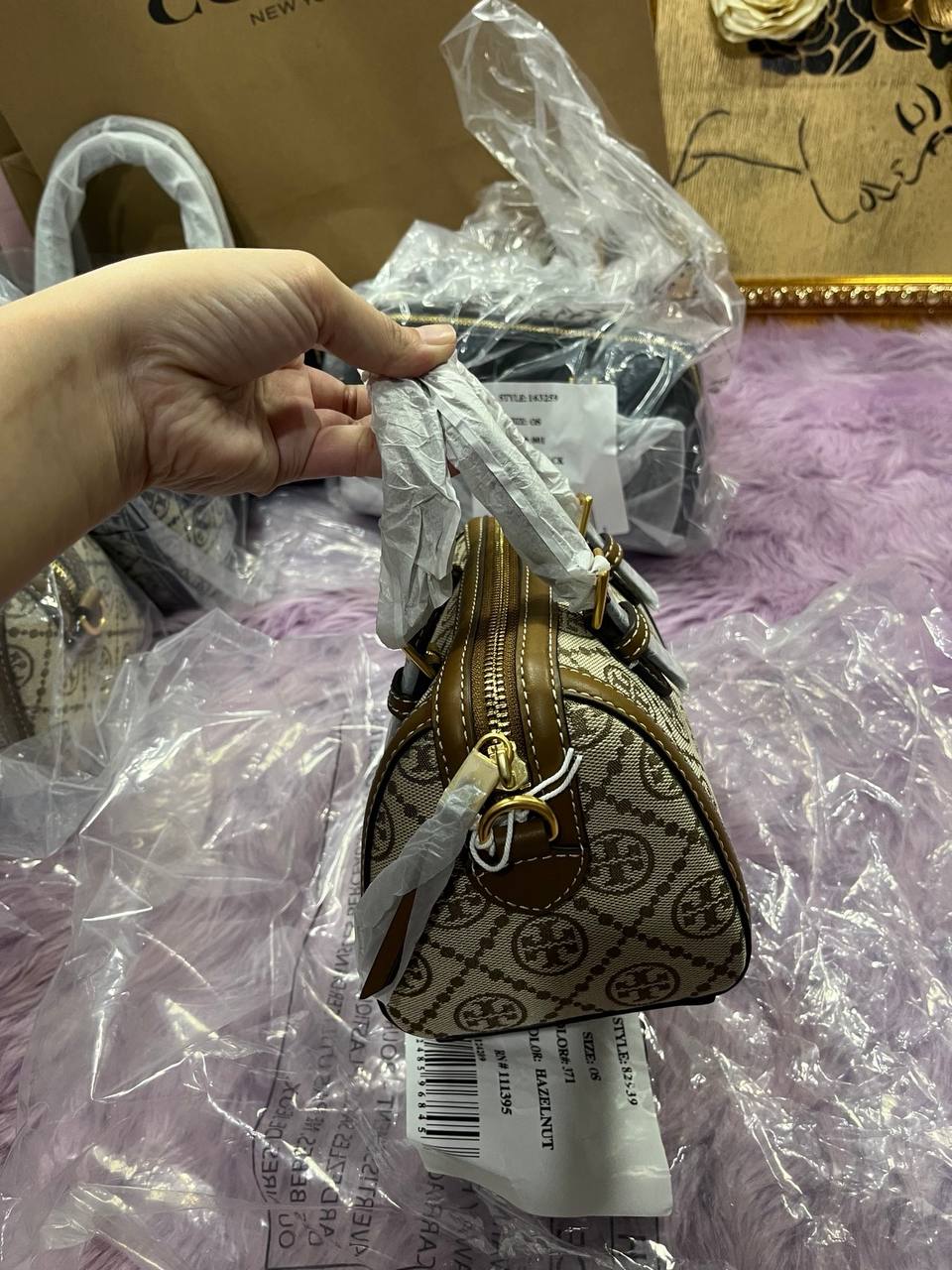 ORIG & IMPORTED Tory Burch T Monogram Mini Barrel Bag Hazelnut Brown
