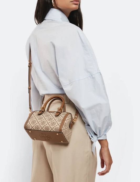 ORIG & IMPORTED Tory Burch T Monogram Mini Barrel Bag Hazelnut Brown
