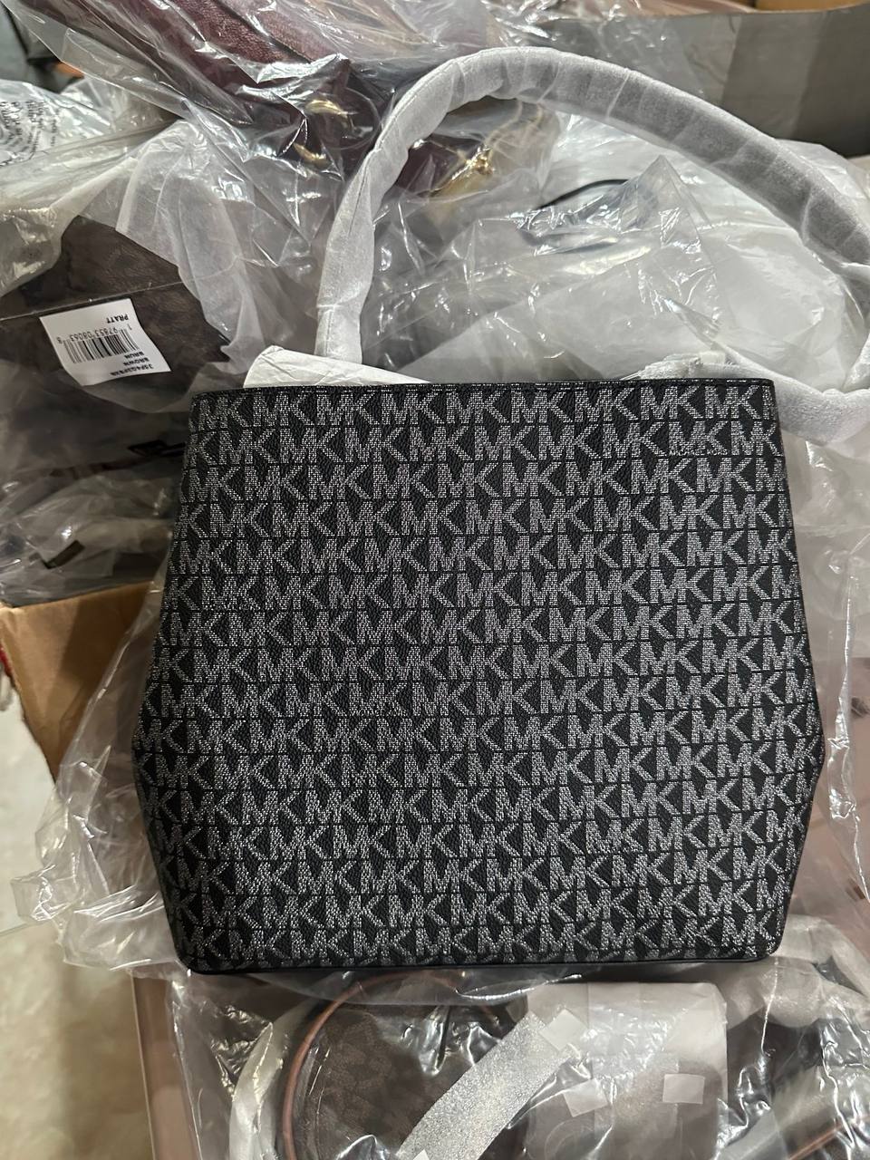 ORIG & IMPORTED Michael Kors MK Pratt Medium Signature Logo and Metallic Shoulder Bag Black