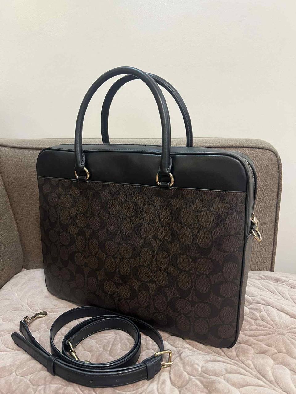 ORIG Preloved Coach Laptop Brown Bag In Signature Canvas