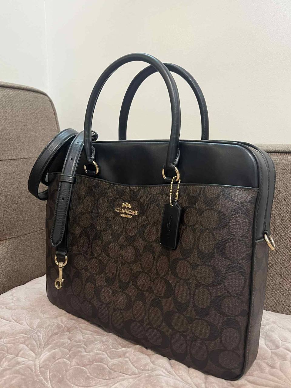 ORIG Preloved Coach Laptop Brown Bag In Signature Canvas