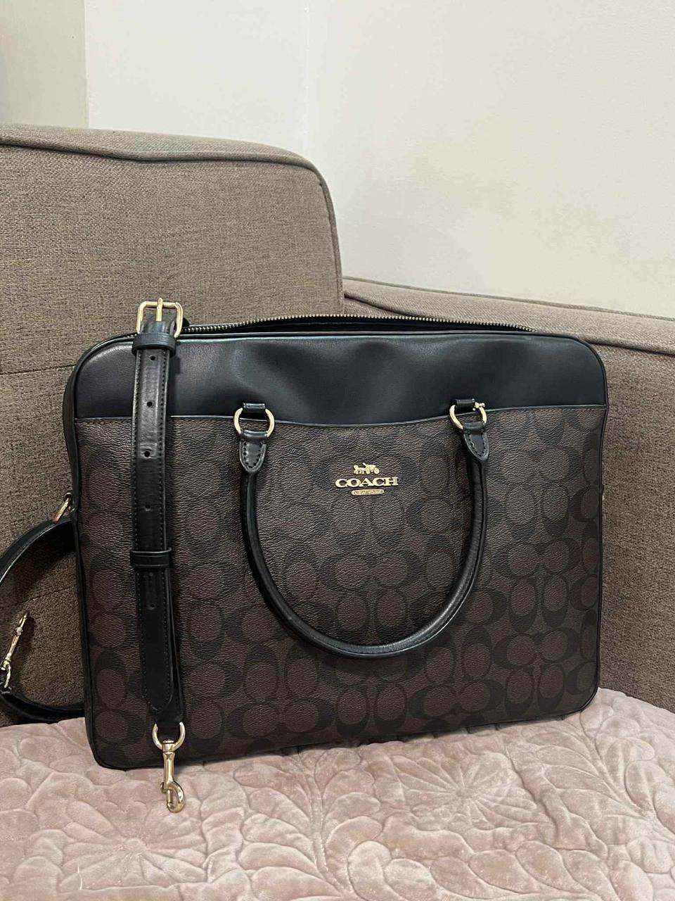 ORIG Preloved Coach Laptop Brown Bag In Signature Canvas
