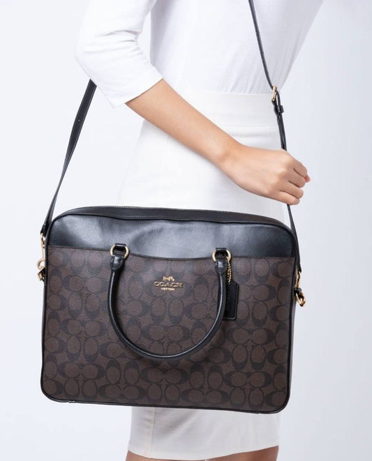 ORIG Preloved Coach Laptop Brown Bag In Signature Canvas