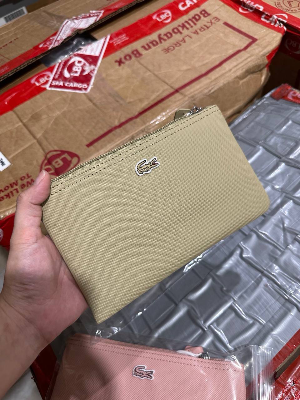 ORIG & IMPORTED Lacoste L.12.12 Concept Zip Clutch Pouch Wristlet Wallet Brown &amp; Pink