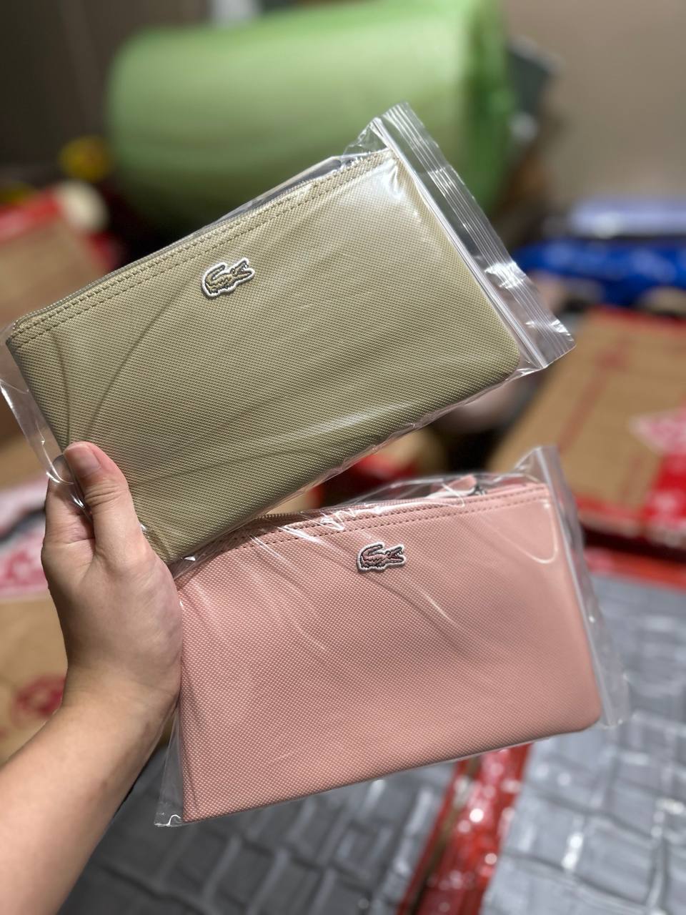 ORIG & IMPORTED Lacoste L.12.12 Concept Zip Clutch Pouch Wristlet Wallet Brown &amp; Pink
