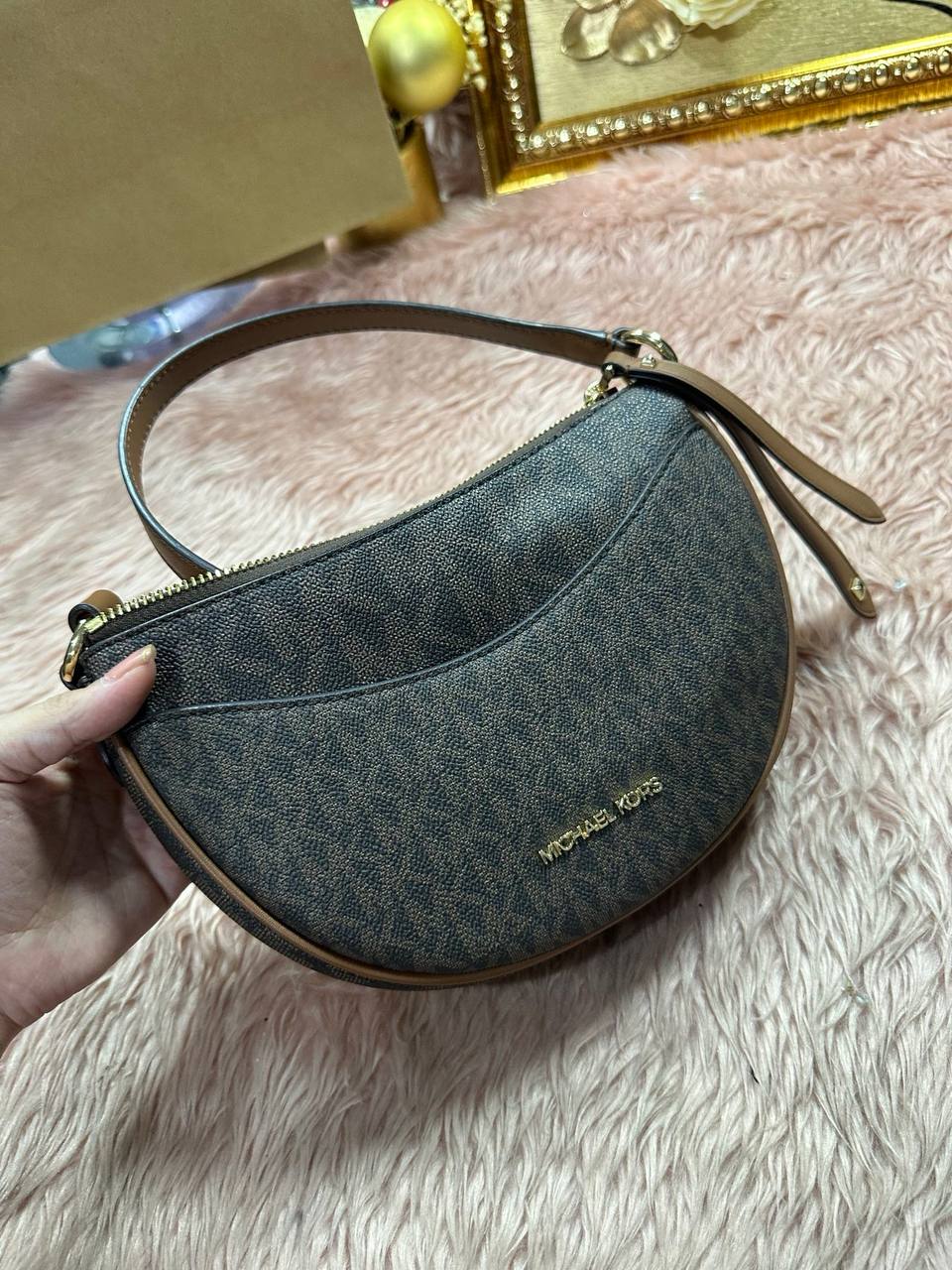 AUTHENTIC/ORIGINAL Preloved MK Signature Dover Small Half Moon Crossbody Bag Brown