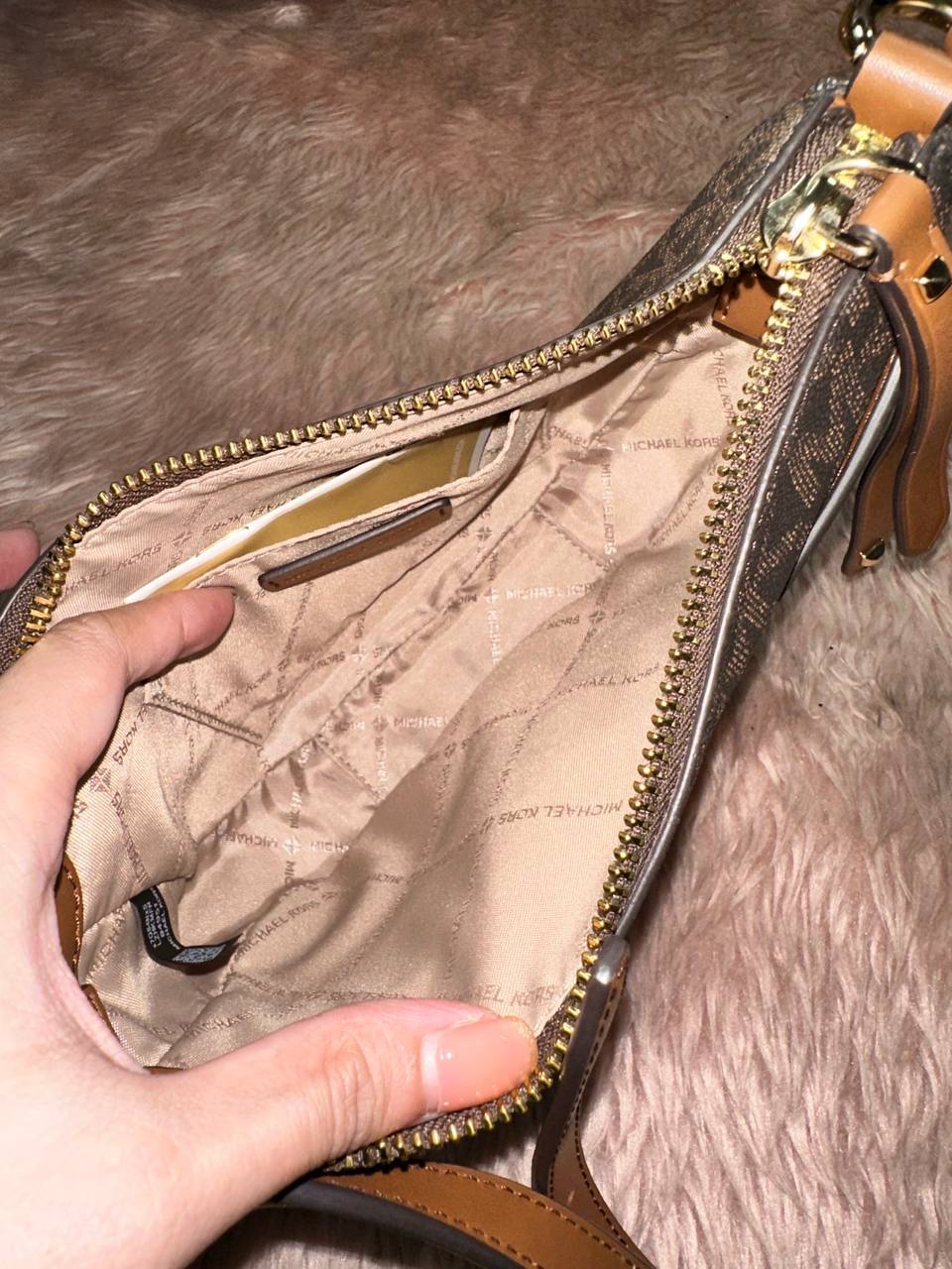 AUTHENTIC/ORIGINAL Preloved MK Signature Dover Small Half Moon Crossbody Bag Brown