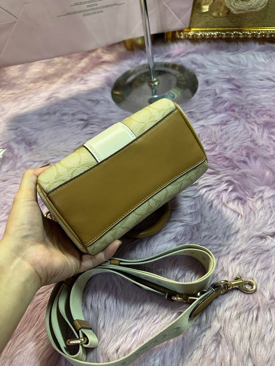 ORIG Preloved Coach Mini Rowan Crossbody Bag With Stripe Light Brown/White