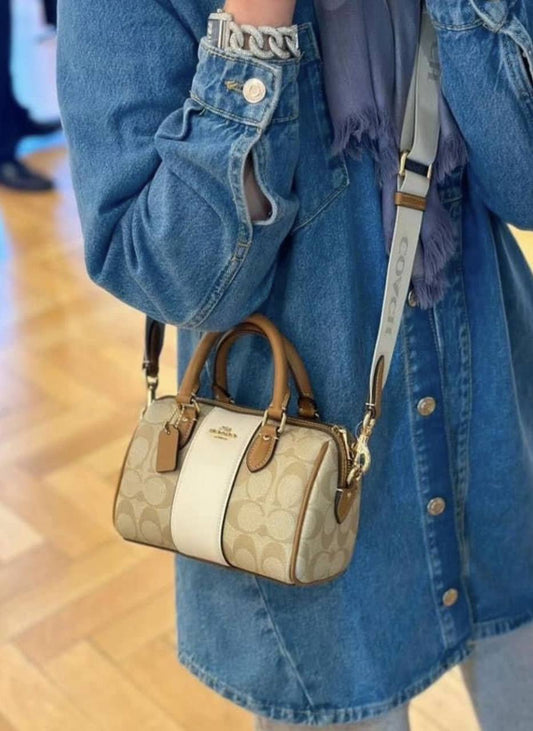 ORIG Preloved Coach Mini Rowan Crossbody Bag With Stripe Light Brown/White