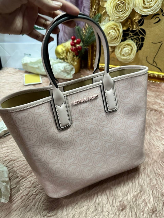ORIG & IMPORTED MICHAEL KORS MK Jodie Small Logo Jacquard Tote Bag Pink