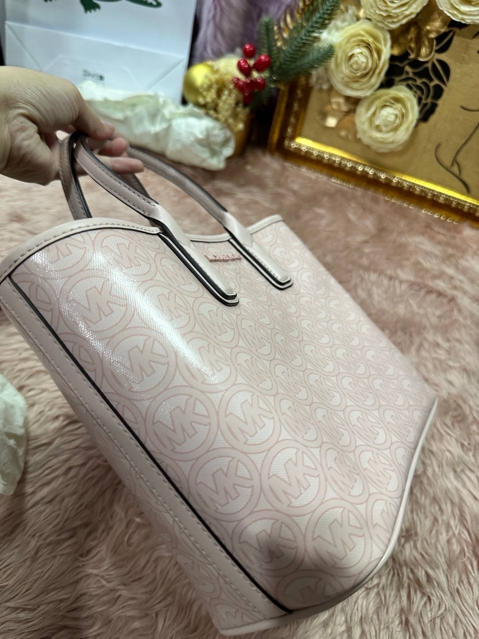 ORIG & IMPORTED MICHAEL KORS MK Jodie Small Logo Jacquard Tote Bag Pink
