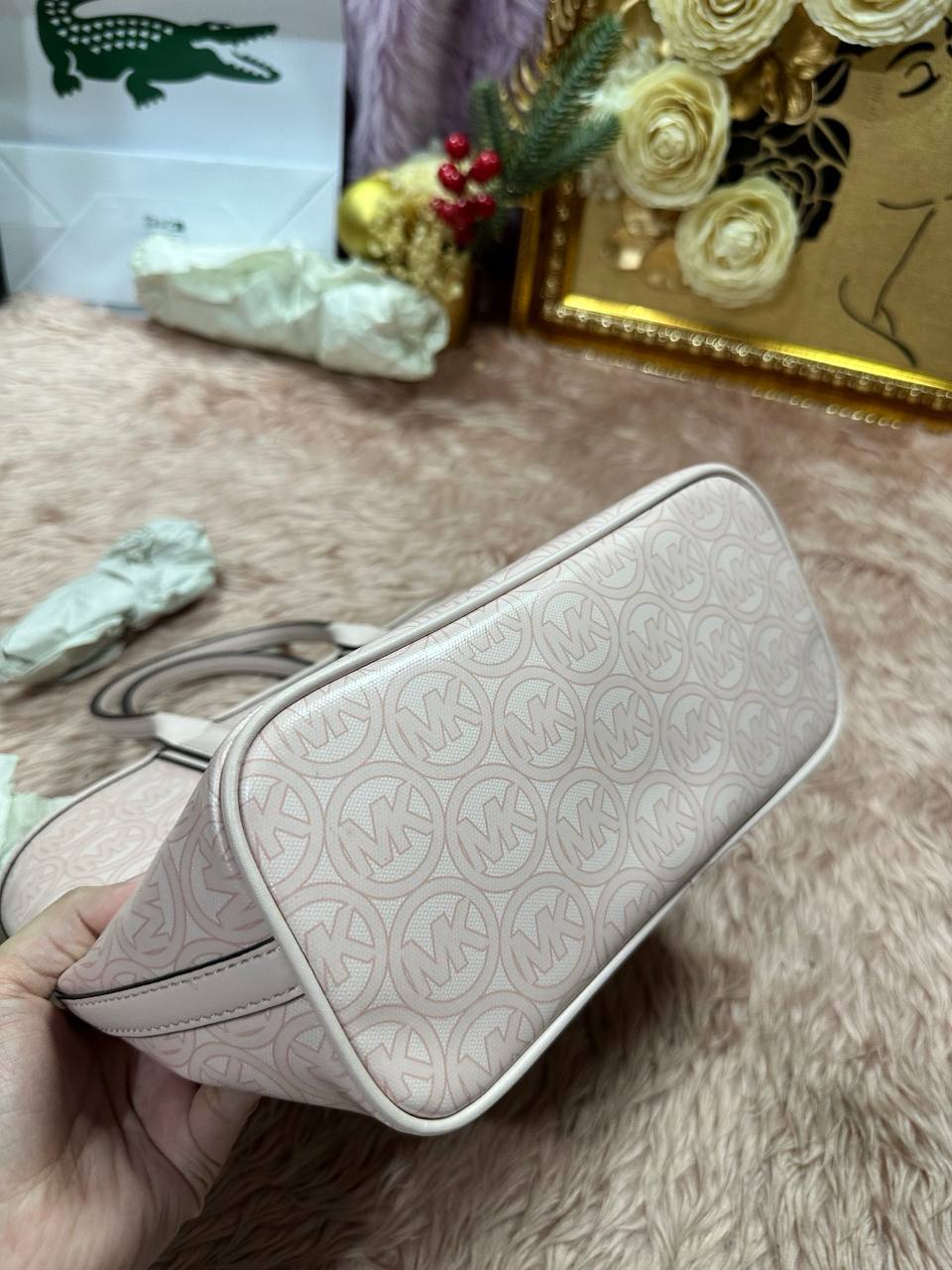 ORIG & IMPORTED MICHAEL KORS MK Jodie Small Logo Jacquard Tote Bag Pink