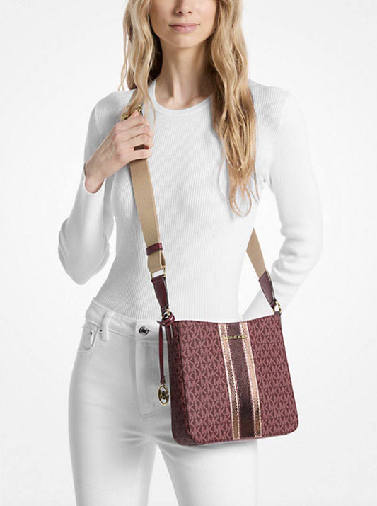 ORIG & IMPORTED Michael Kors MK Jet Set Travel Small Signature Logo and Metallic Messenger Bag Oxblood/Vanilla White