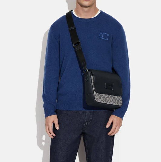 ORIG Preloved COACH Sprint Map Flap Men Bag 25 In Signature Jacquard Black