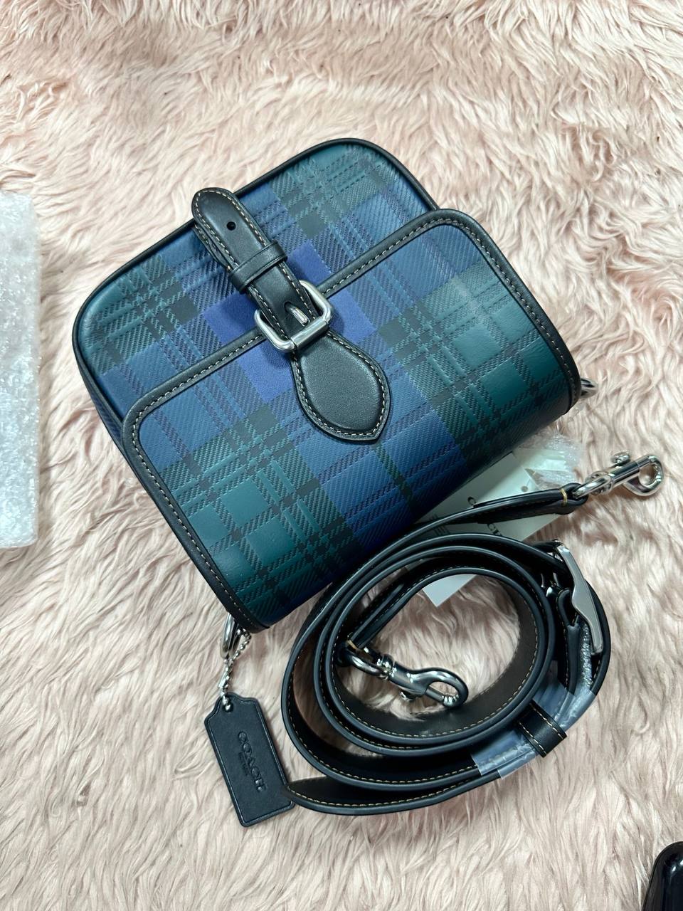 ORIG COACH Retail Frankie Crossbody 18 With Plaid Print Blue Small Men Bag