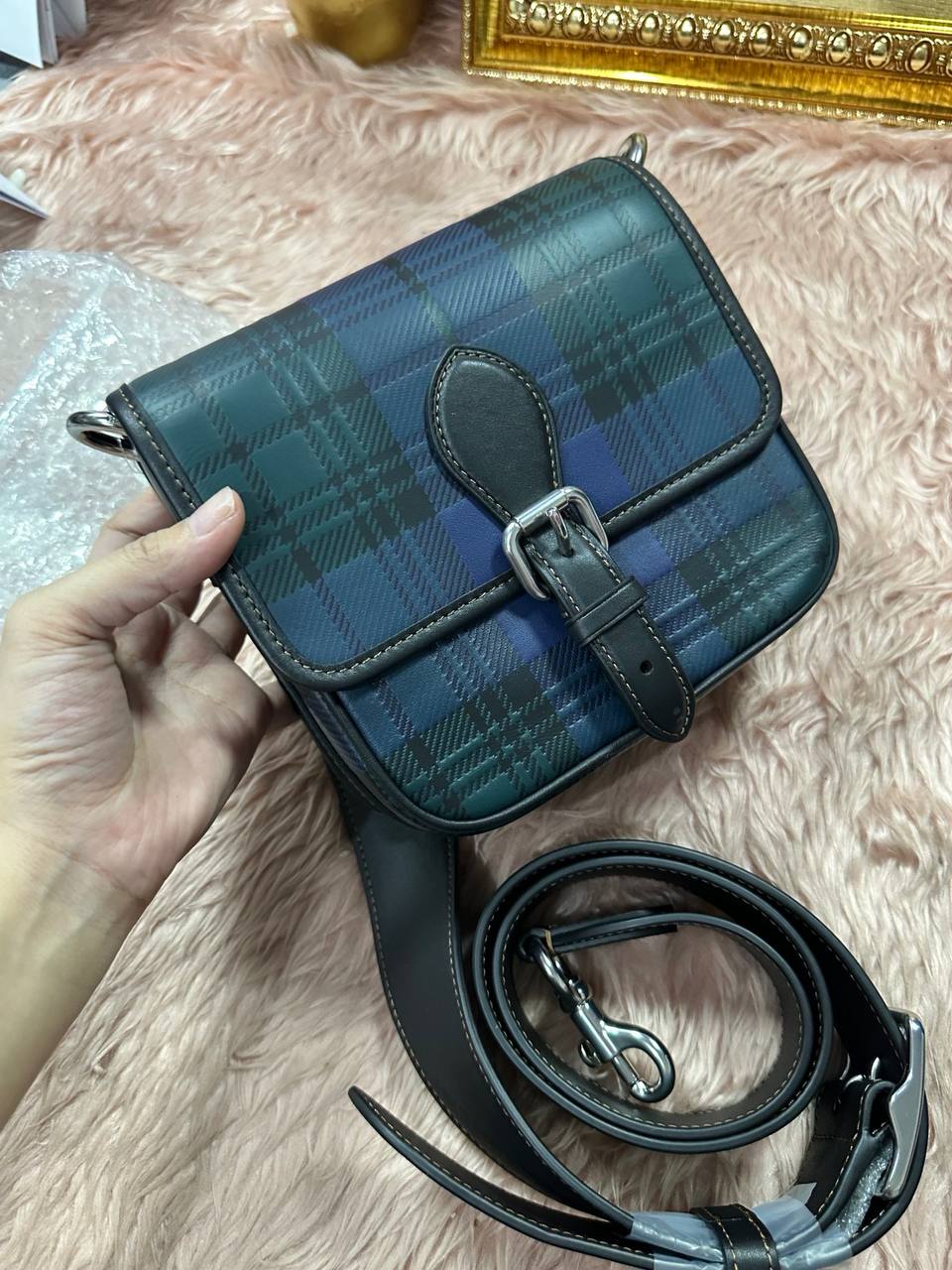 ORIG COACH Retail Frankie Crossbody 18 With Plaid Print Blue Small Men Bag