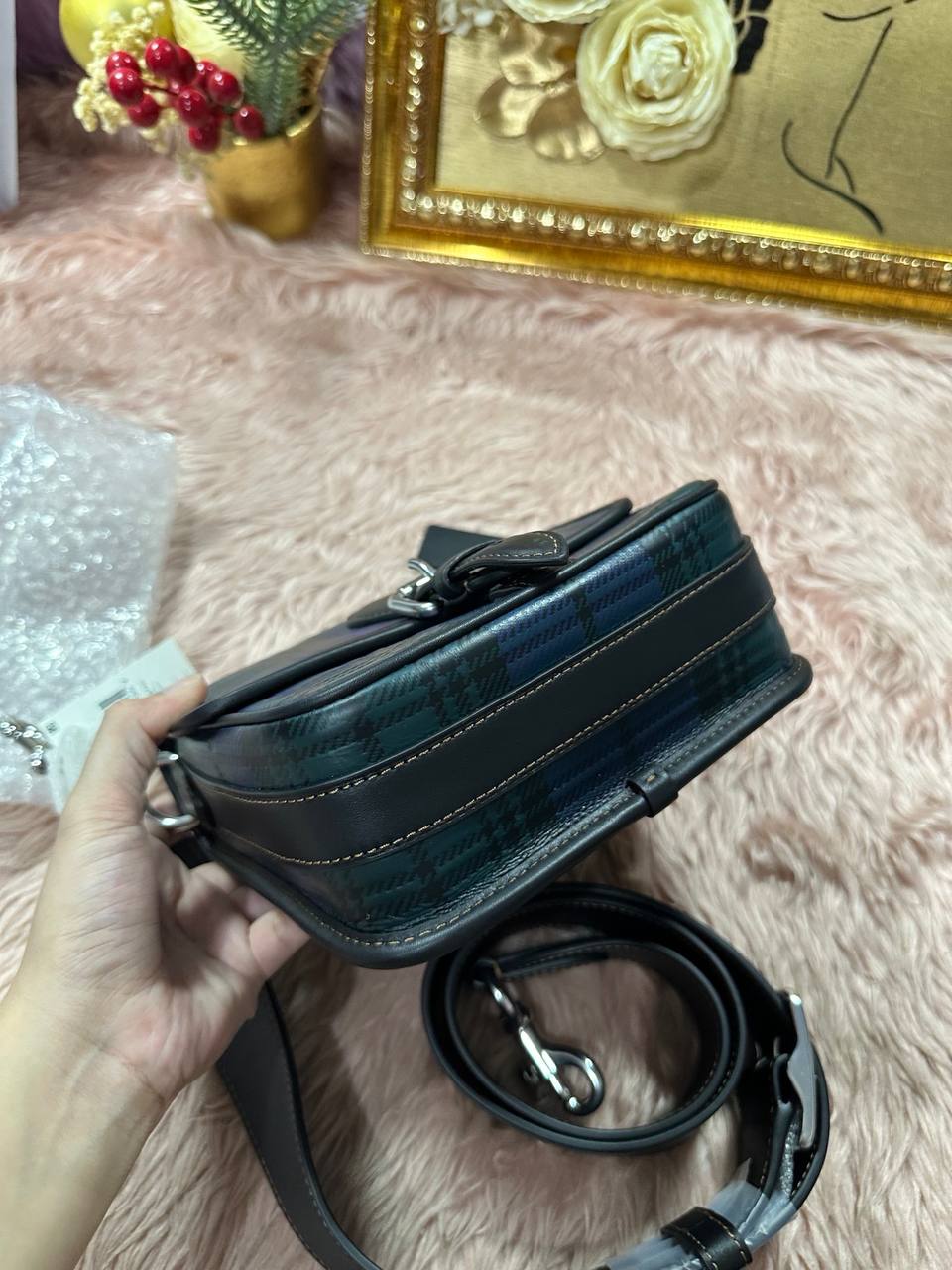 ORIG COACH Retail Frankie Crossbody 18 With Plaid Print Blue Small Men Bag