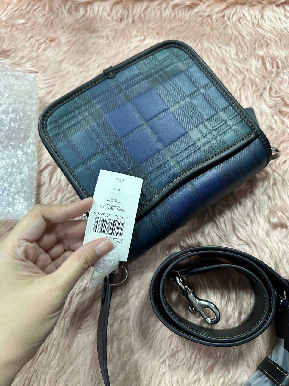 ORIG COACH Retail Frankie Crossbody 18 With Plaid Print Blue Small Men Bag