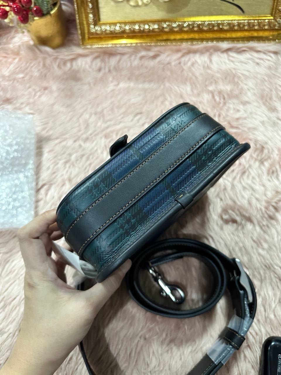 ORIG COACH Retail Frankie Crossbody 18 With Plaid Print Blue Small Men Bag