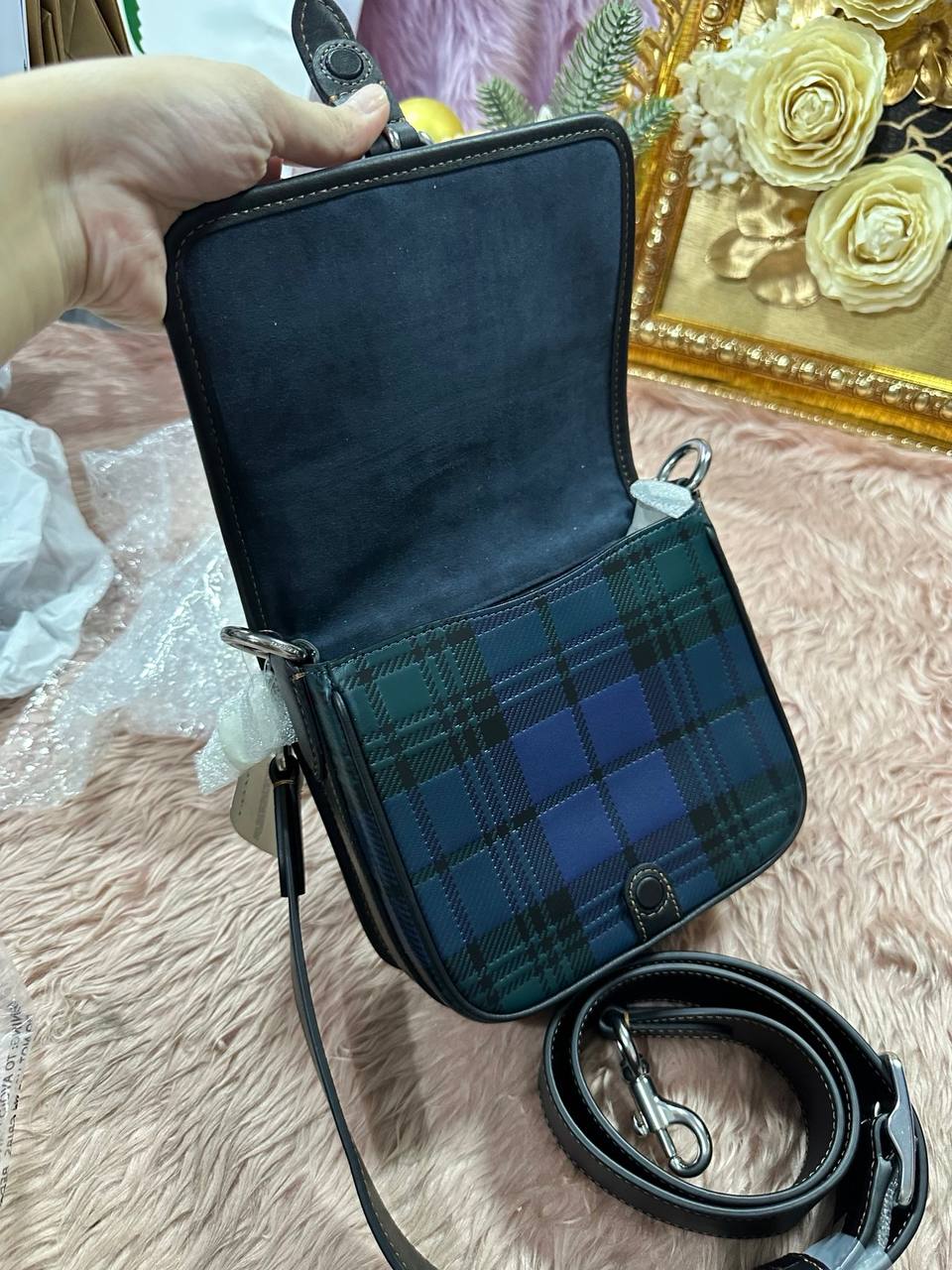 ORIG COACH Retail Frankie Crossbody 18 With Plaid Print Blue Small Men Bag
