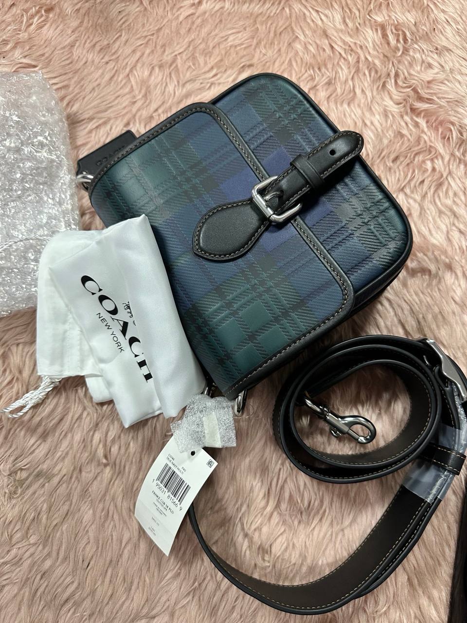 ORIG COACH Retail Frankie Crossbody 18 With Plaid Print Blue Small Men Bag