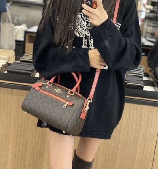 ORIG Preloved Coach Rowan Satchel In Signature Canvas Brown/Red Bag