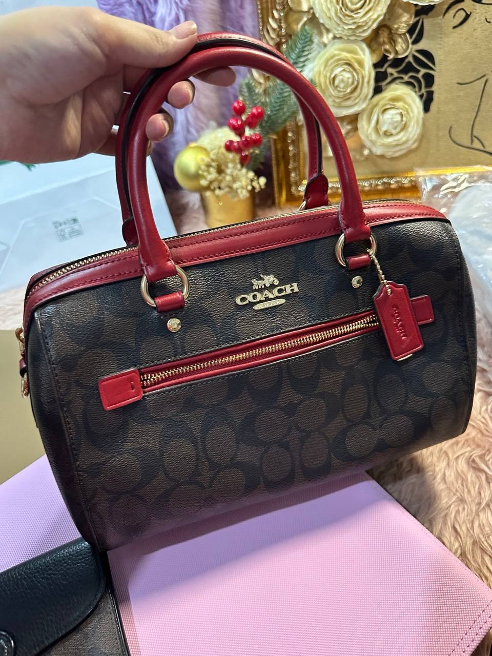ORIG Preloved Coach Rowan Satchel In Signature Canvas Brown/Red Bag