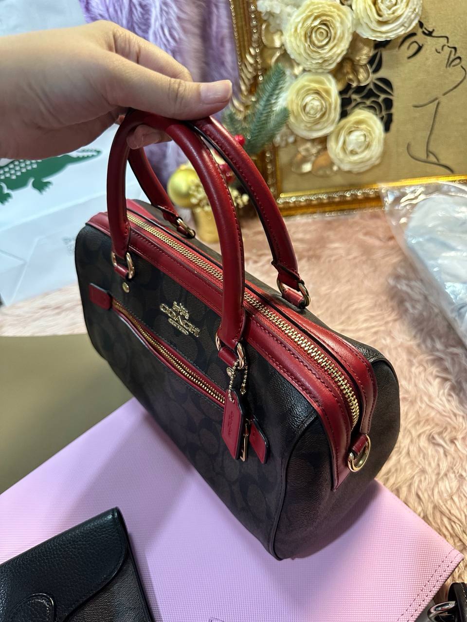 ORIG Preloved Coach Rowan Satchel In Signature Canvas Brown/Red Bag