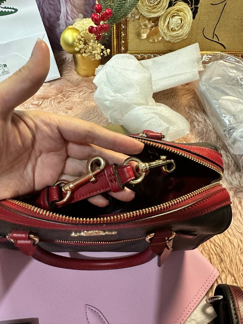 ORIG Preloved Coach Rowan Satchel In Signature Canvas Brown/Red Bag