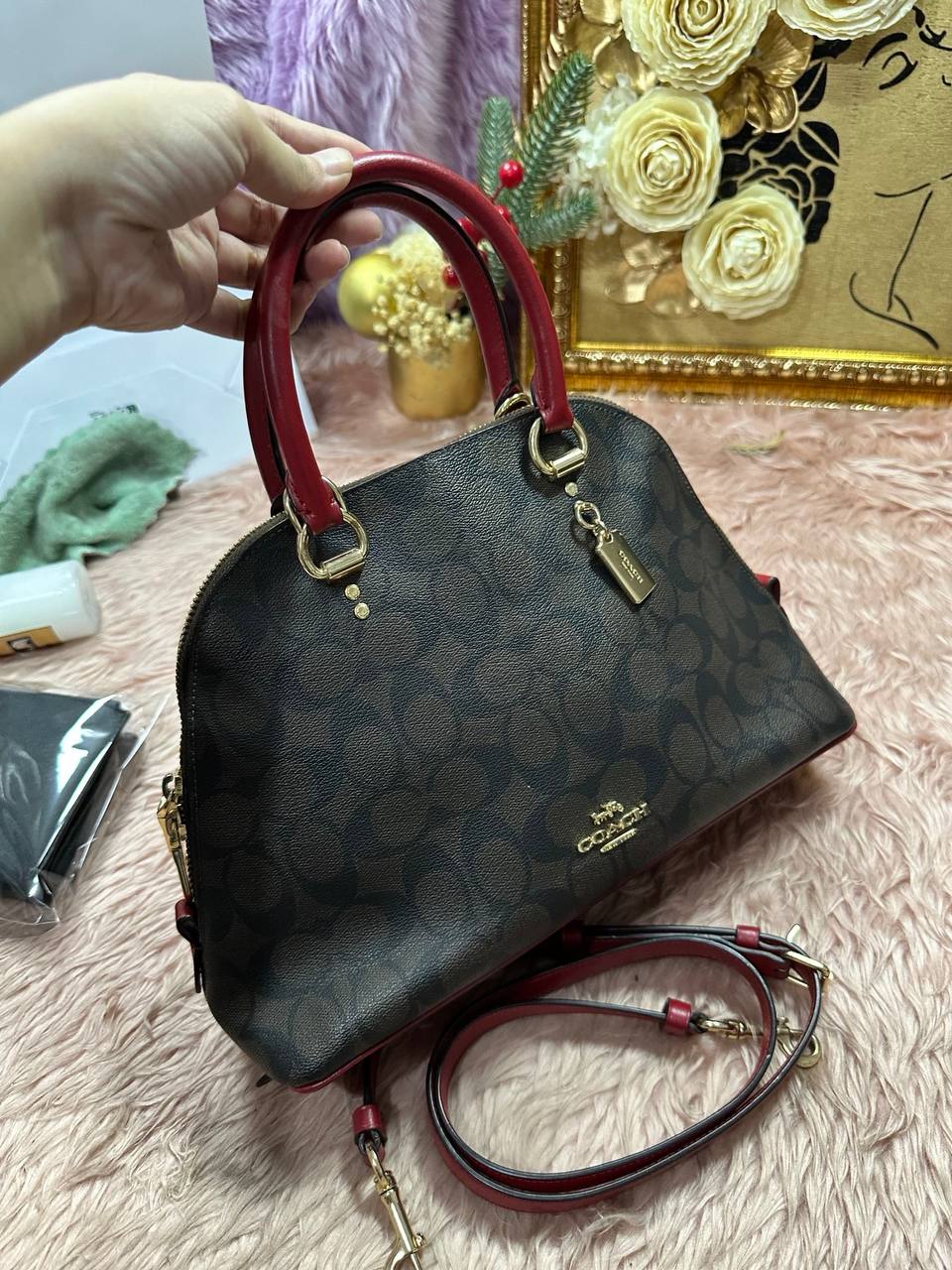 ORIG Preloved Coach Katy Satchel Signature Brown Red Bag