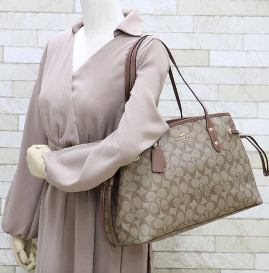 ORIG Preloved Coach Drawstring Carryall Large Tote Satchel Bag Khaki Brown