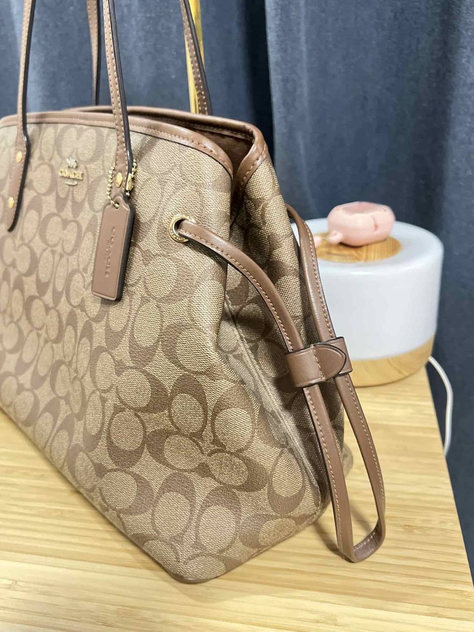 ORIG Preloved Coach Drawstring Carryall Large Tote Satchel Bag Khaki Brown