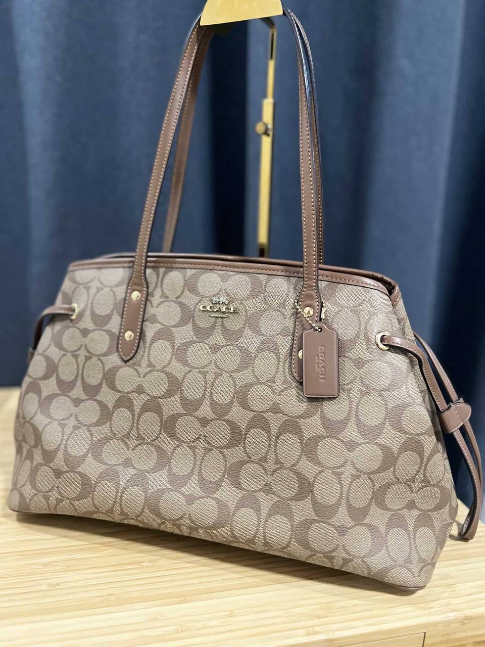ORIG Preloved Coach Drawstring Carryall Large Tote Satchel Bag Khaki Brown