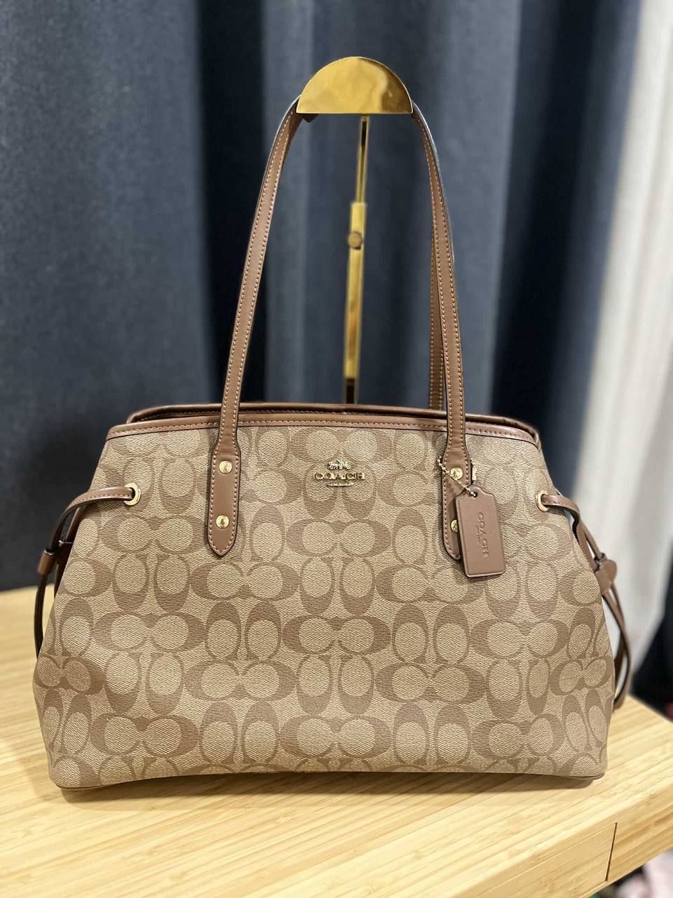 ORIG Preloved Coach Drawstring Carryall Large Tote Satchel Bag Khaki Brown