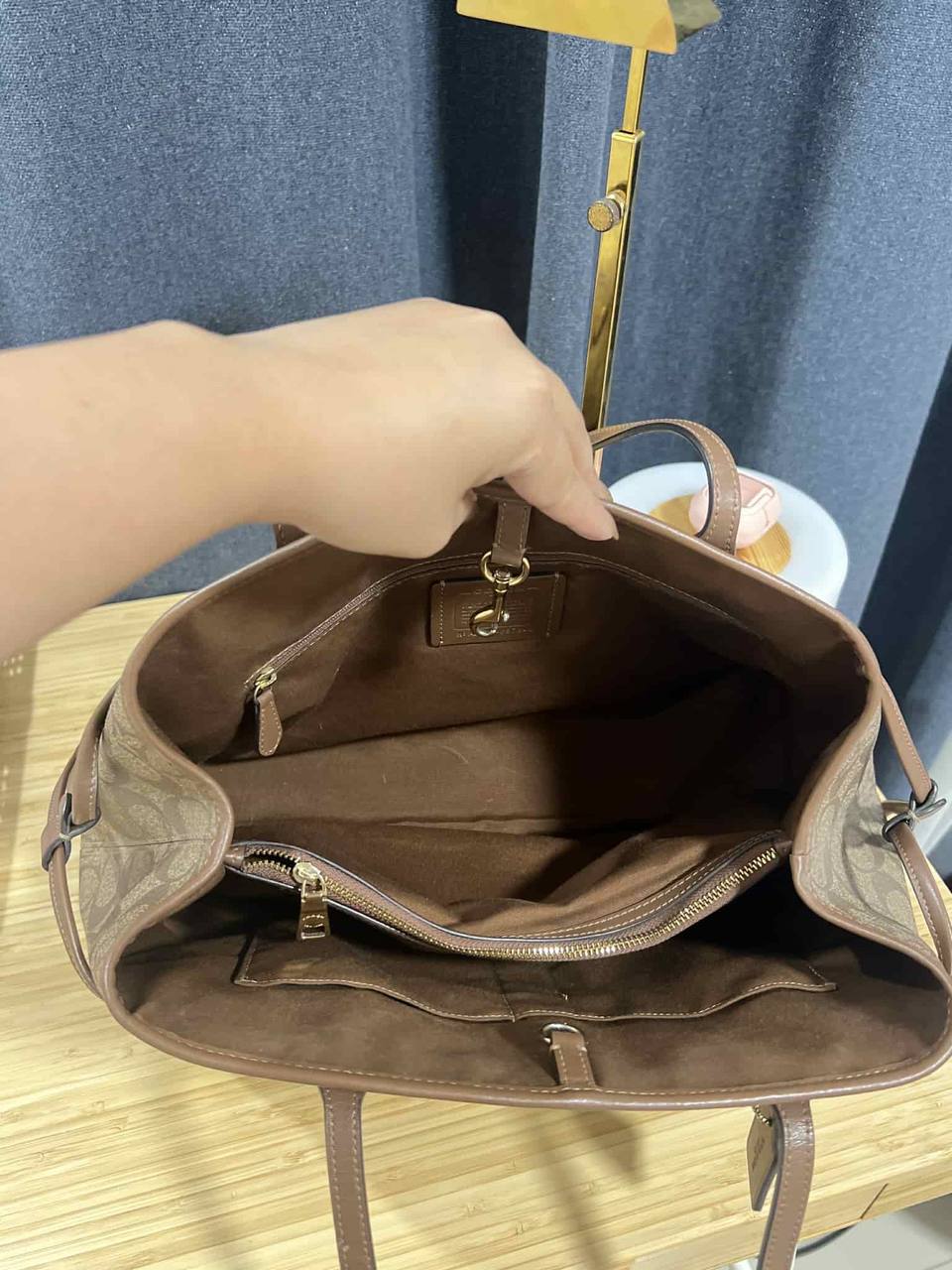 ORIG Preloved Coach Drawstring Carryall Large Tote Satchel Bag Khaki Brown