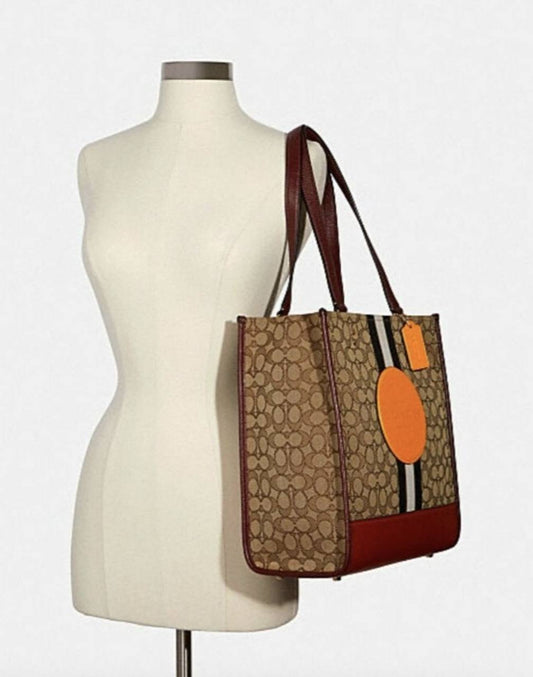 ORIG Preloved Coach Dempsey Tote Bag In Signature Jacquard Brown/Orange