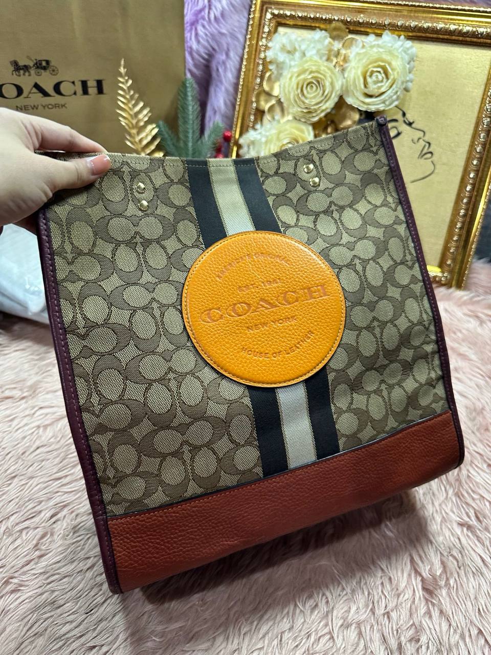 ORIG Preloved Coach Dempsey Tote Bag In Signature Jacquard Brown/Orange