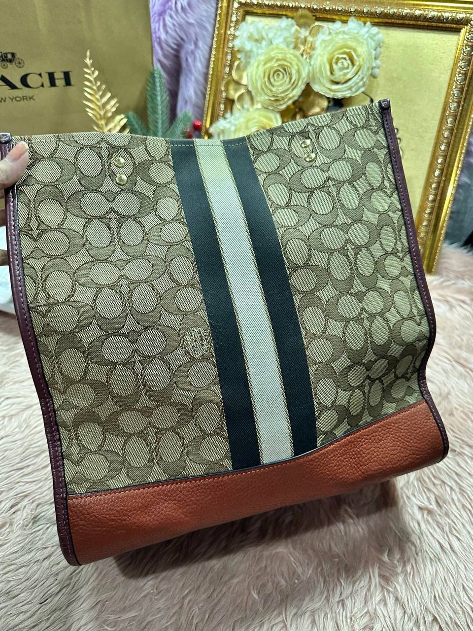 ORIG Preloved Coach Dempsey Tote Bag In Signature Jacquard Brown/Orange