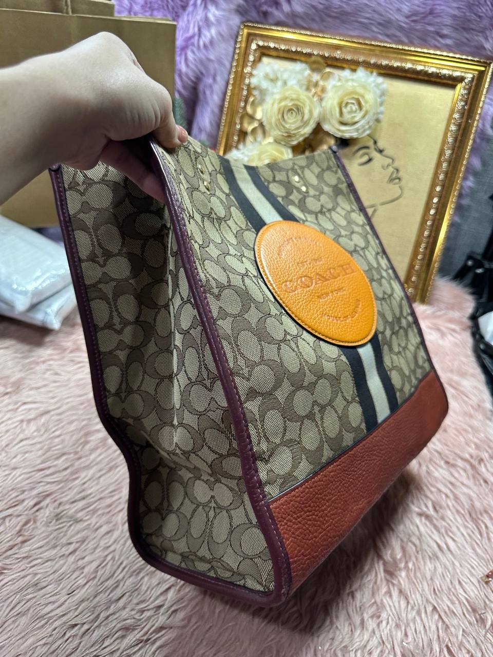 ORIG Preloved Coach Dempsey Tote Bag In Signature Jacquard Brown/Orange