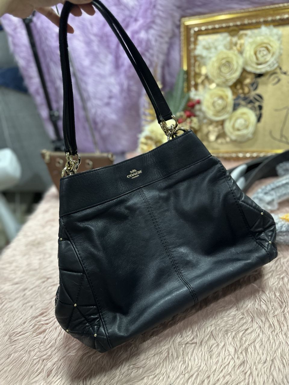 ORIG Preloved Coach Lexi Limited Edition Black Leather Quilted Stud Shoulder Bag