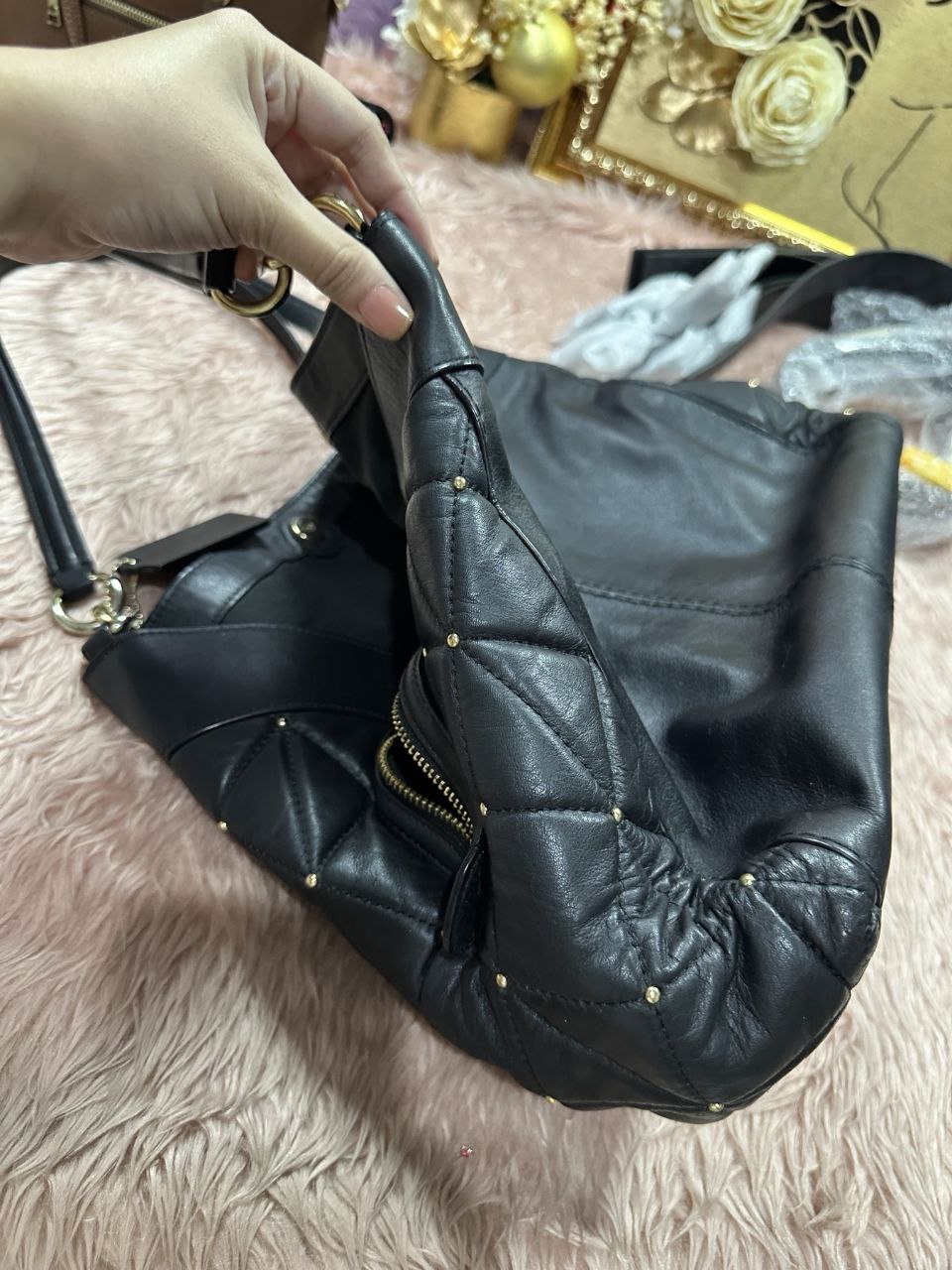 ORIG Preloved Coach Lexi Limited Edition Black Leather Quilted Stud Shoulder Bag