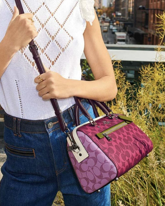 ORIG Preloved Coach Rowan Satchel Bag In Blocked Signature Canvas Pink Purple