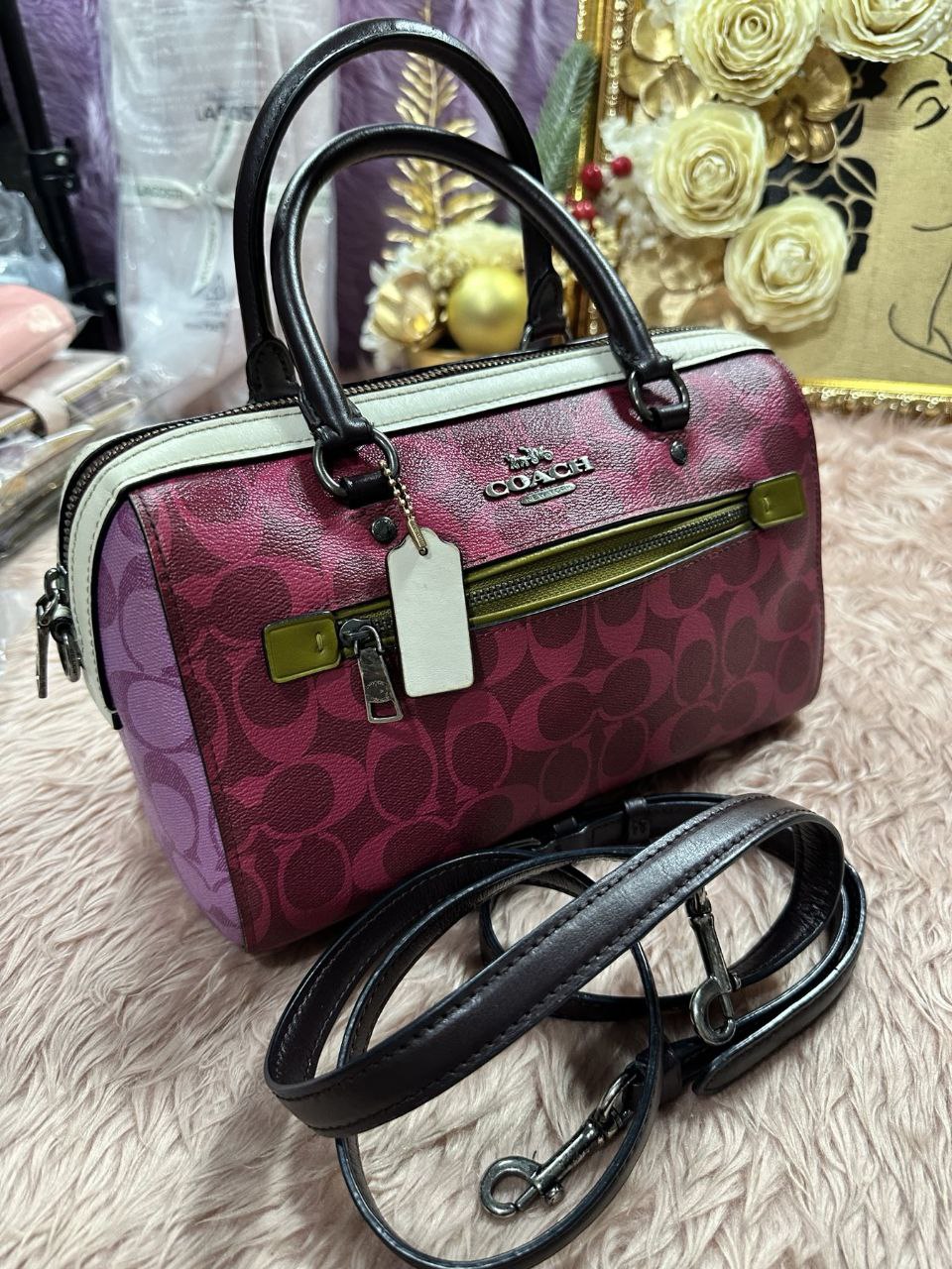 ORIG Preloved Coach Rowan Satchel Bag In Blocked Signature Canvas Pink Purple