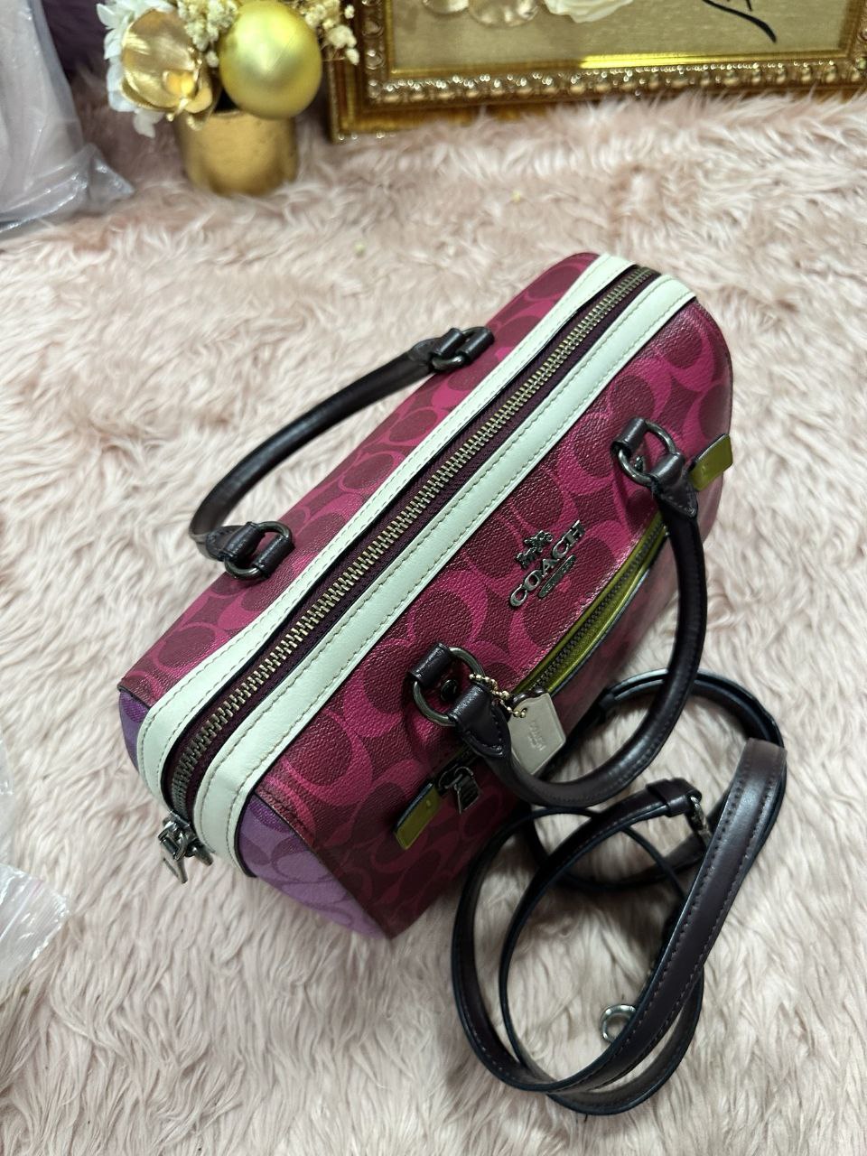 ORIG Preloved Coach Rowan Satchel Bag In Blocked Signature Canvas Pink Purple